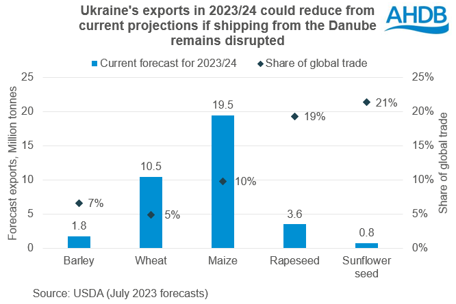Chart showing current projections for Ukrainian grain and oilseed exports in 2023/24